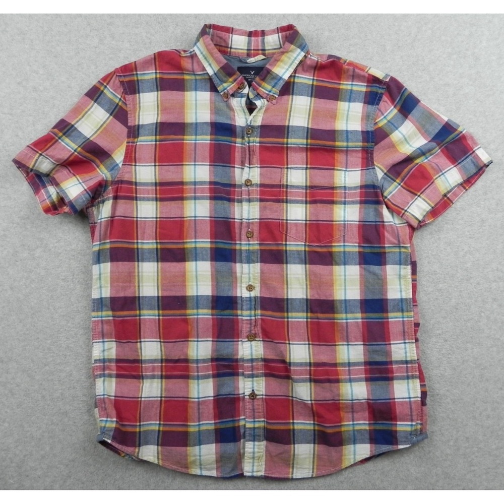 American Eagle Shirt Mens Large Casual Pocket Button Up Red Plaid Short Sleeve
